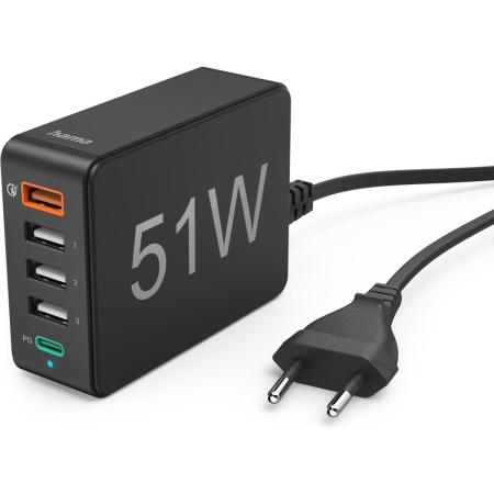 Hama Charge Station 51 Watt 5-FOLD (1XQC3.0 3XUSB-A 1XUSB-C PD) Black
