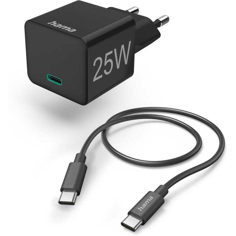 Hama Fast Charger w/ Charging Cable USB-C Mini-Charger PD 25W 1 M Black