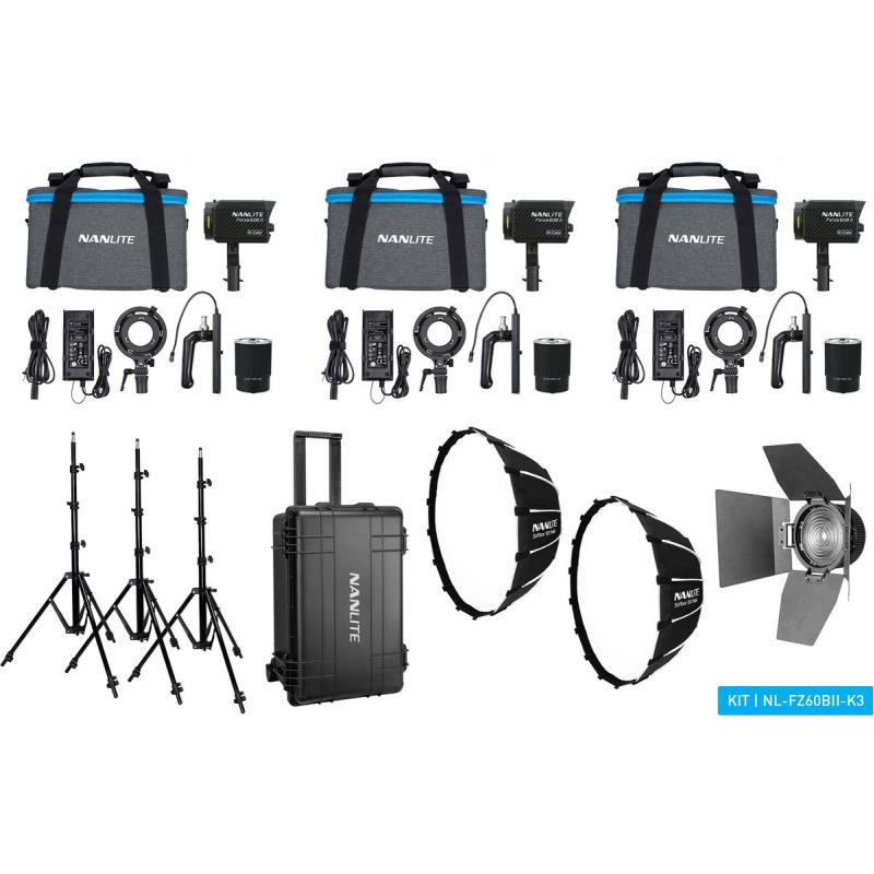 Nanlite Forza 60B II LED Tripple Kit (w/ Case Light Stand Fresnel And Softbox)