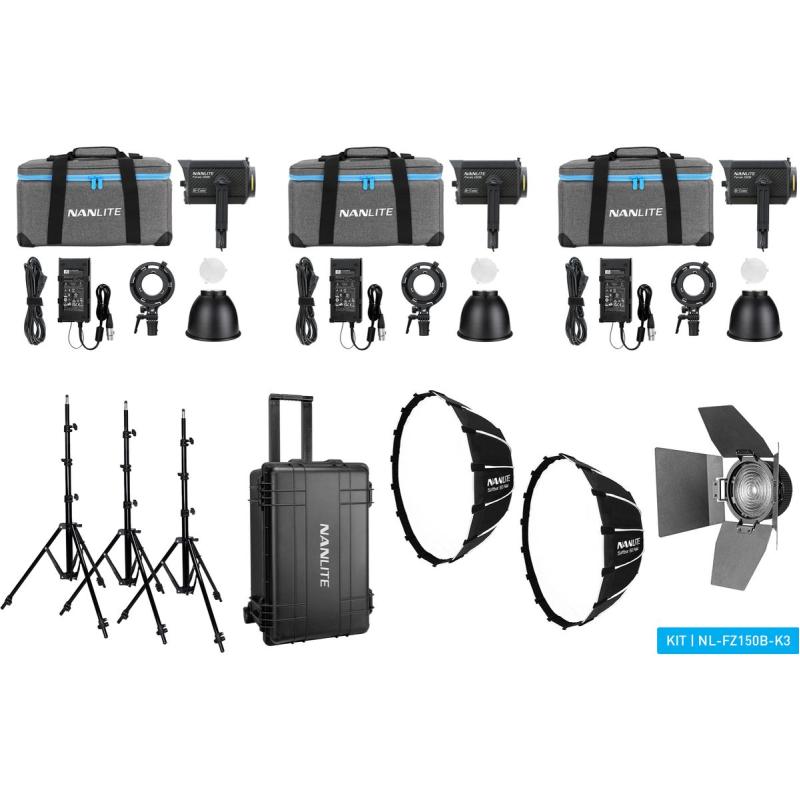 Nanlite Forza 150B Bi-Colour LED Triple Kit + Case Light Stand Fresnel + Softbox