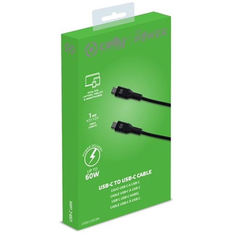 Celly 1 Meter Cable USB-C To USB-C Power Delivery 60W Black
