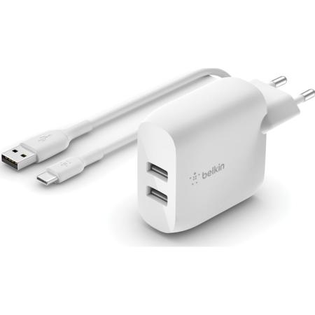 Belkin Dual USB-A Wall Charger w/ 1m PVC A-C 24W - White