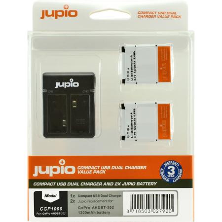 Jupio Kit: 2X Batt AHDBT-302 HERO3+ 1200mAh + USB Dual CH.