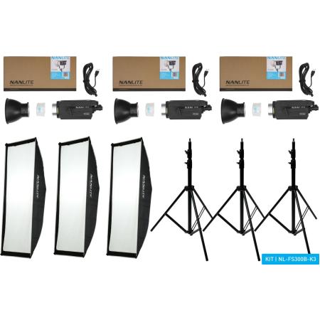 Nanlite FS300B LED Tripple Kit (w/ Case Light Stand Fresnel And Softbox)