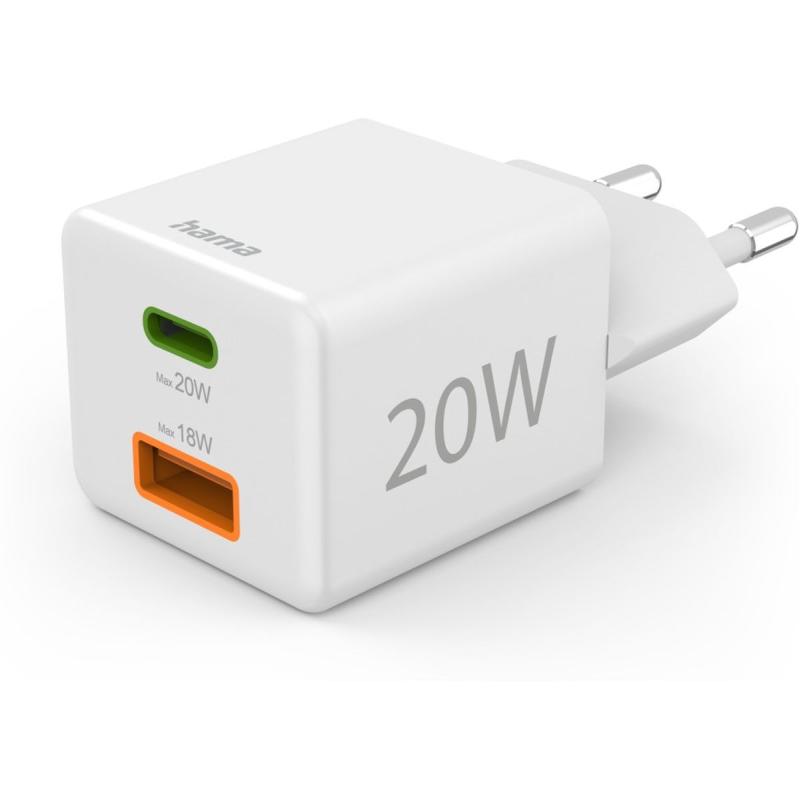 Hama Fast Charger 1X USB-C PD 1X USB-A QC Mini-Charger 20 W White