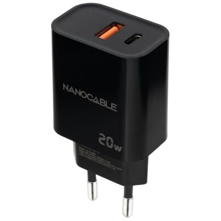 Cargador de Pared Nanocable 10.10.2008/ 1xUSB/ 1xUSB Tipo-C/ 20W/ Negro