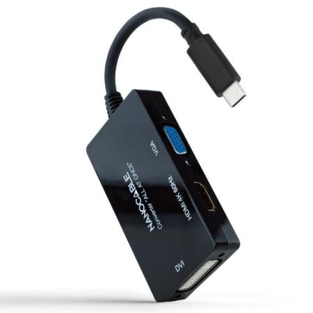 Conversor Nanocable 10.16.4301-ALL/ USB Tipo-C Macho - HDMI Hembra - DVI-I Hembra - VGA Hembra/ 20cm/ Negro