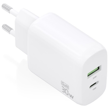 Cargador GaN de Pared Aisens A110-0923/ 1xUSB Tipo-C/ 1xUSB/ 30W/ Blanco