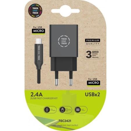 Cargador de Pared Tech One Tech TEC2421/ 2xUSB + Cable Micro USB/ 2.4A/ Negro