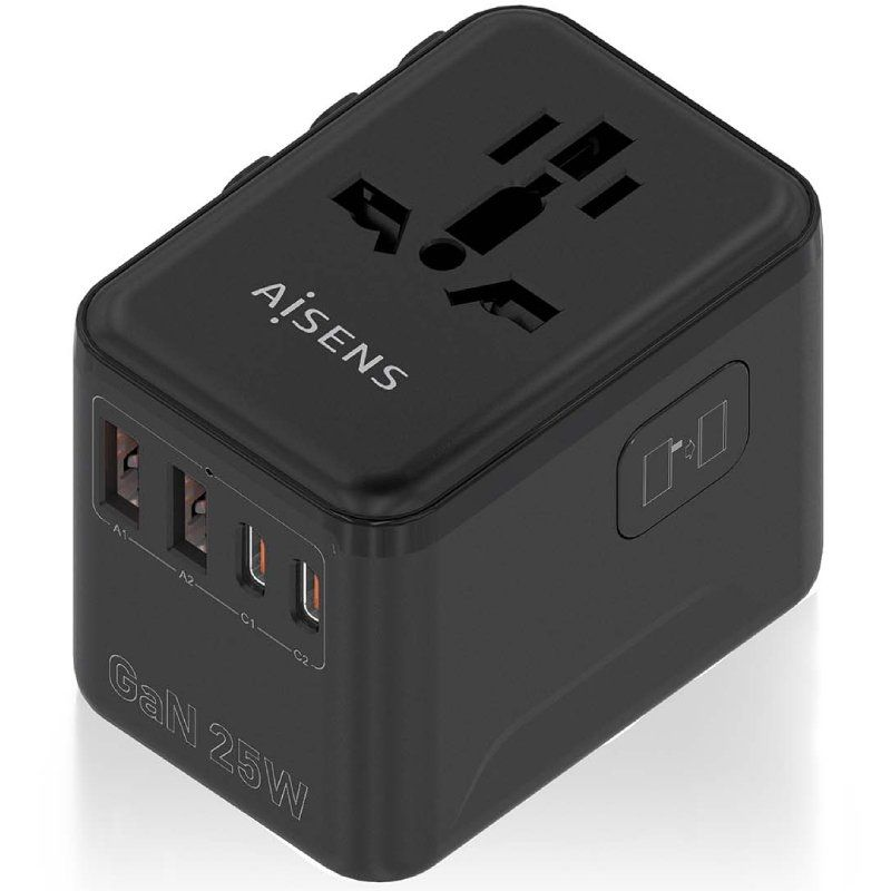 Cargador de Pared Universal GaN Aisens ASPS-2A2C08-BK/ Toma de Corriente Universal/ 2xUSB Tipo-C/ 2xUSB/ 25W
