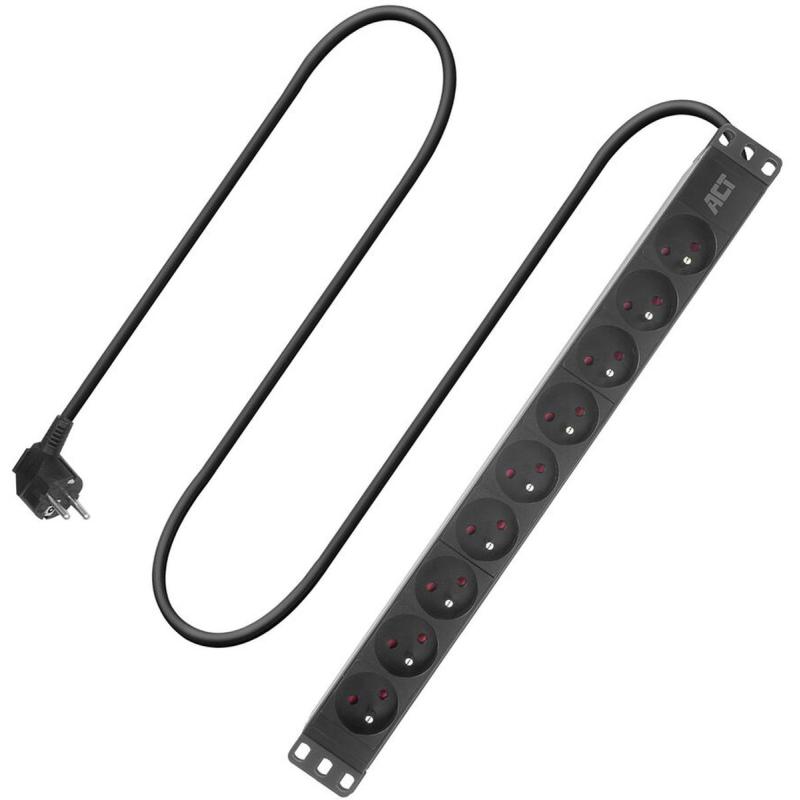 ACT Extension Lead PDU 19 inch CEE7/7 w/ 9 Type E Sockets 3m H05VV-F 3G1.5