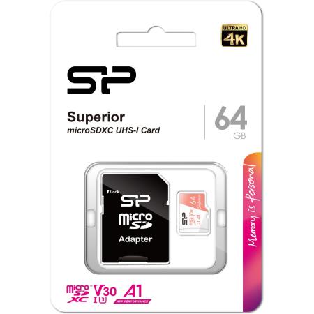 Silicon Power MicroSDXC Card Superior Pro Class 10 UHS-1 U3 V30 64GB Colorful