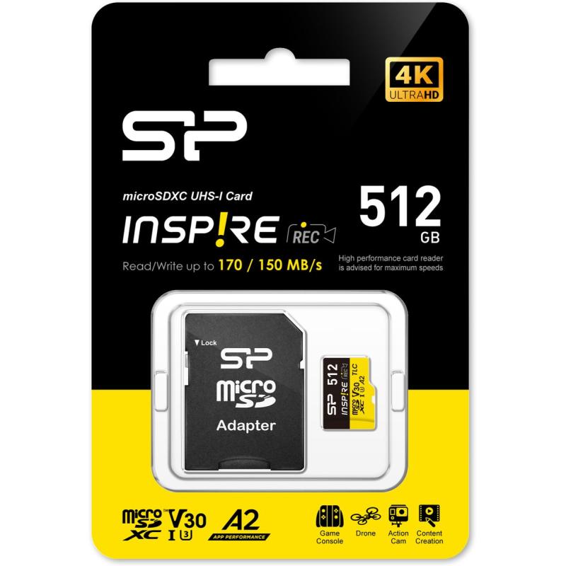 Silicon Power MicroSDXC Card Inspire Class 10 A2 UHS-I U3 V30 512GB w/ Adapter