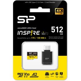 Silicon Power MicroSDXC Card Inspire Class 10 A2 V30 512GB w/ Type-C Reader