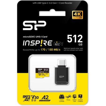Silicon Power MicroSDXC Card Inspire Class 10 A2 V30 512GB w/ Type-C Reader