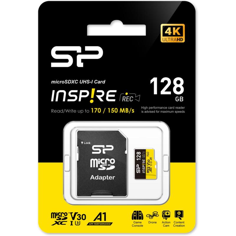 Silicon Power MicroSDXC Card Inspire Class 10 A1 UHS-I U3 V30 128GB w/ Adapter