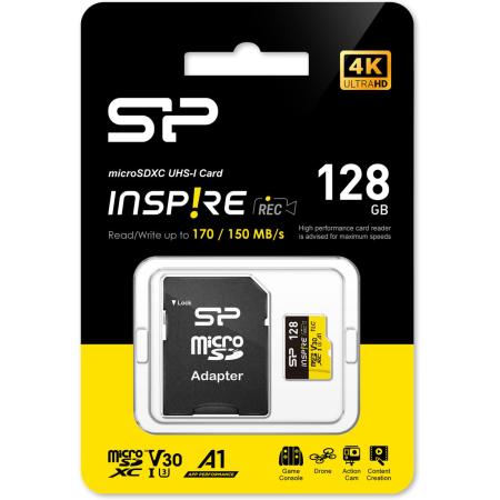 Silicon Power MicroSDXC Card Inspire Class 10 A1 UHS-I U3 V30 128GB w/ Adapter