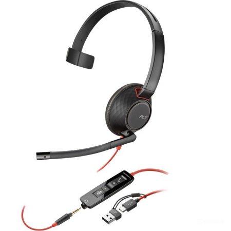 Auricular Poly Blackwire 5210 + 3.5 mm + Adaptador USB-C/A/ con Micrófono/ Jack 3.5 - USB Tipo-C/ Jack 3.5 - USB Tipo-C/ Bulk/ N