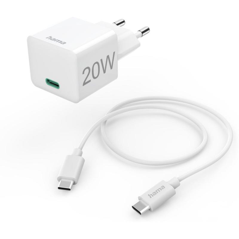 Hama Fast Charger w/ Charging Cable USB-C Mini-Charger PD 20W 1m White