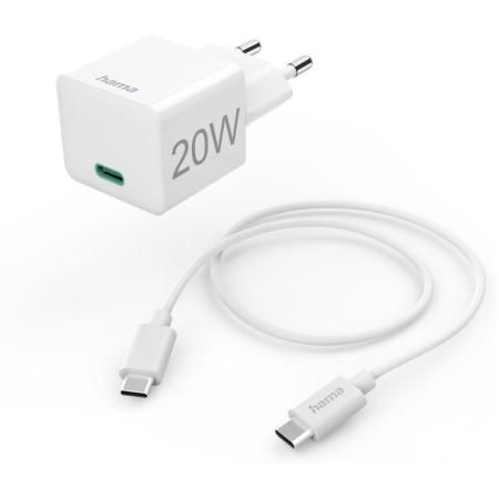 Hama Fast Charger w/ Charging Cable USB-C Mini-Charger PD 20W 1m White