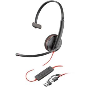 Auricular Poly Blackwire 3210 + Adaptador USB-C/A/ con Micrófono/ USB Tipo-C/ Bulk/ Negro