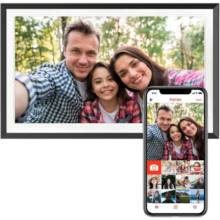 Pora&amp;Co Digital Photo Frame Black Wood w/ WiFi And Frameo App 39cm
