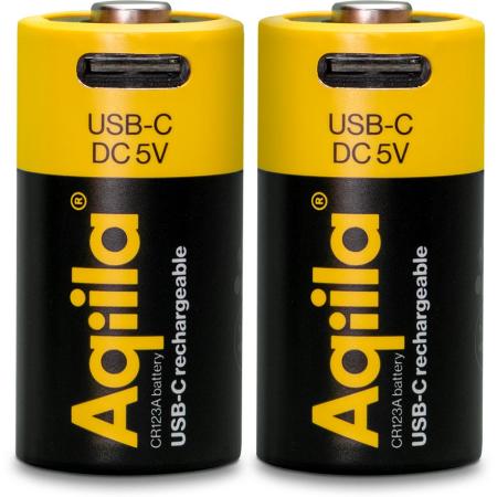 Aqiila Rechargable CR123A Battery 2-pack USB-C Lithium 3V/750mAh