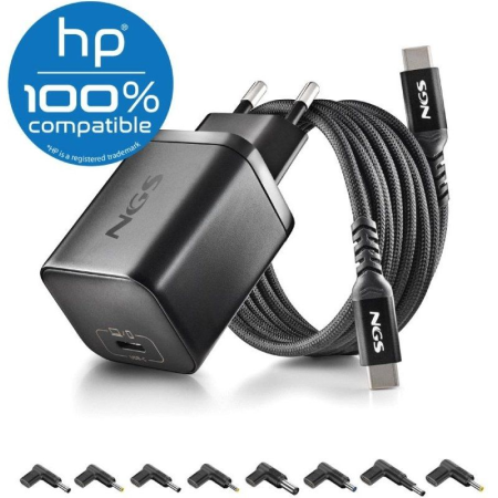 Cargador GaN de Portátil NGS BUD65W-H para HP/ 1xUSB Tipo-C/ 65W/ Automático/ 8 Conectores/ Voltaje 5-20V