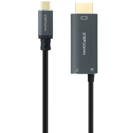 Cable Conversor Nanocable 10.15.5182/ USB Tipo-C Macho - HDMI 8K Macho/ USB Tipo-C Hembra/ Hasta 100W/ 1.8m/ Negro