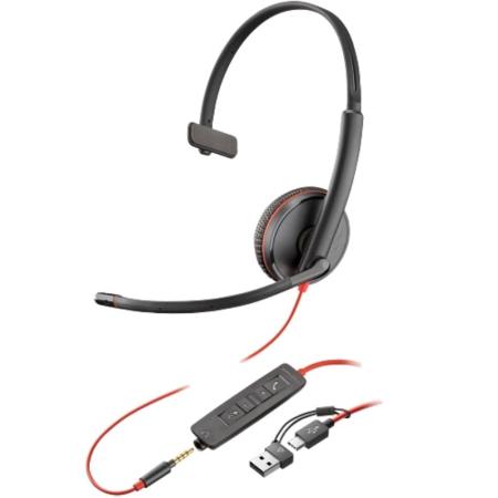 Auricular Poly Blackwire 3215 + Adaptador USB-C/A/ con Micrófono/ Jack 3.5mm/ Negro