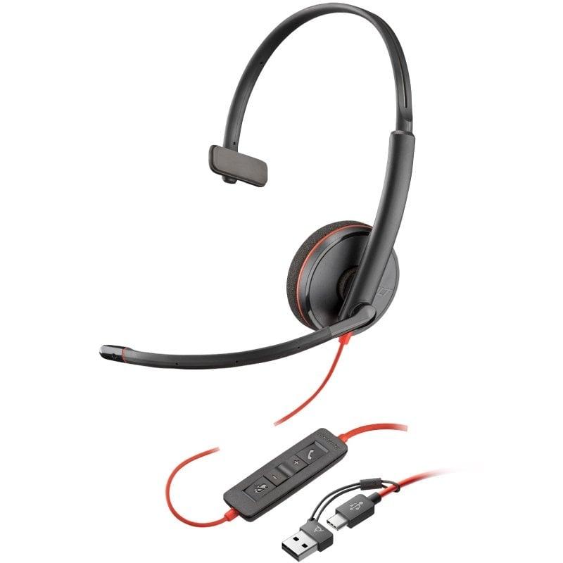 Auricular Poly Blackwire 3210 + Adaptador USB-C/A/ con Micrófono/ USB Tipo-C/ Negro