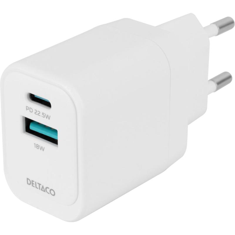 Deltaco USB Wall Charger 1X USB-A 18 W 1X USB-C PD 20 W - White