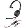 Auricular Poly Blackwire 5210 + Adaptador USB-C/A/ con Micrófono/ Jack 3.5mm/ Negro