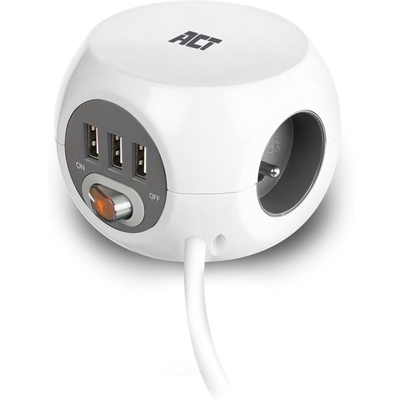 ACT Power Socket Cube (PDU) w/ 3 Sockets Type E 3 USB-A Ports 1.5m White