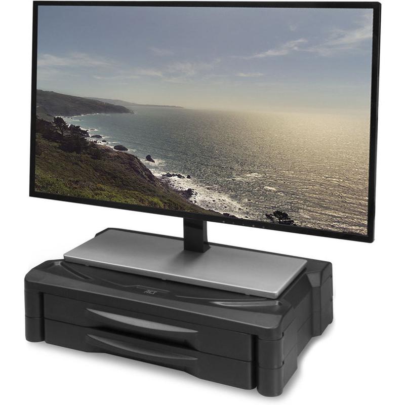 ACT Monitor Stand Extra Wide w/ Two Drawers Up To 10KG Adjustable Height Black
