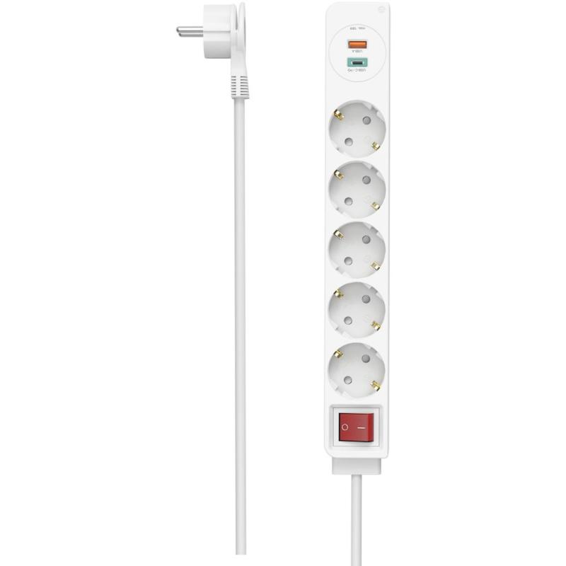 Hama Power Strip 5-FOLD USB-C/A 18W PD/Qco Schak. Flat ST. 1.4 M White