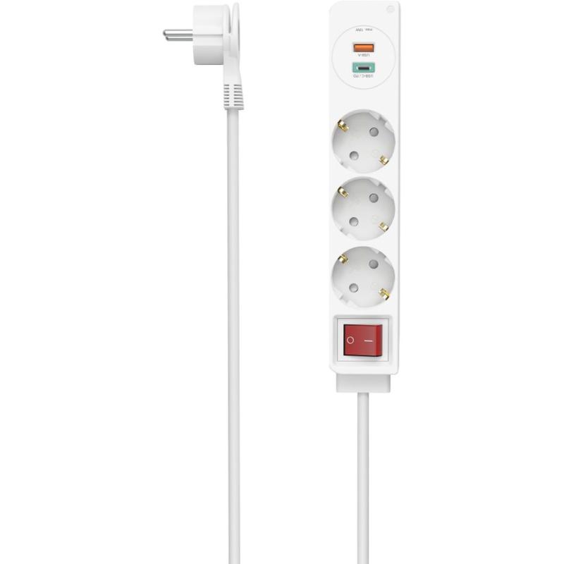 Hama Power Strip 3-FOLD USB-C/A 18W PD/QC Schakel Flat ST. 1.4 M White