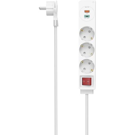 Hama Power Strip 3-FOLD USB-C/A 18W PD/QC Schakel Flat ST. 1.4 M White