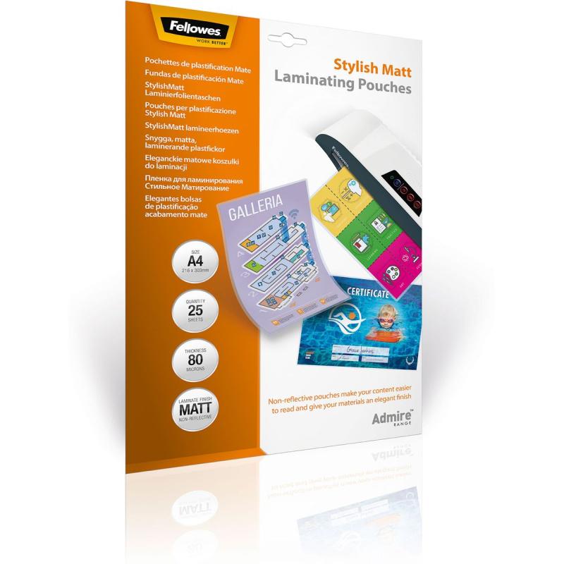 Fellowes Admire A4 Laminating Pouches 80 Micron - Stylish Matt (25 PCs)