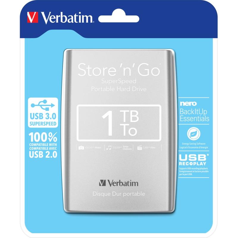 Verbatim Store &amp;#039;N&amp;#039; Go Portable Vaste Schijf 1 TB Extern USB 3.0 Silver