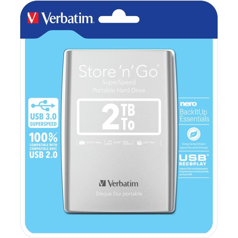 Verbatim Store &amp;#039;N&amp;#039; Go Portable 2 TB Portable USB 3.0 5400 TPM Silver