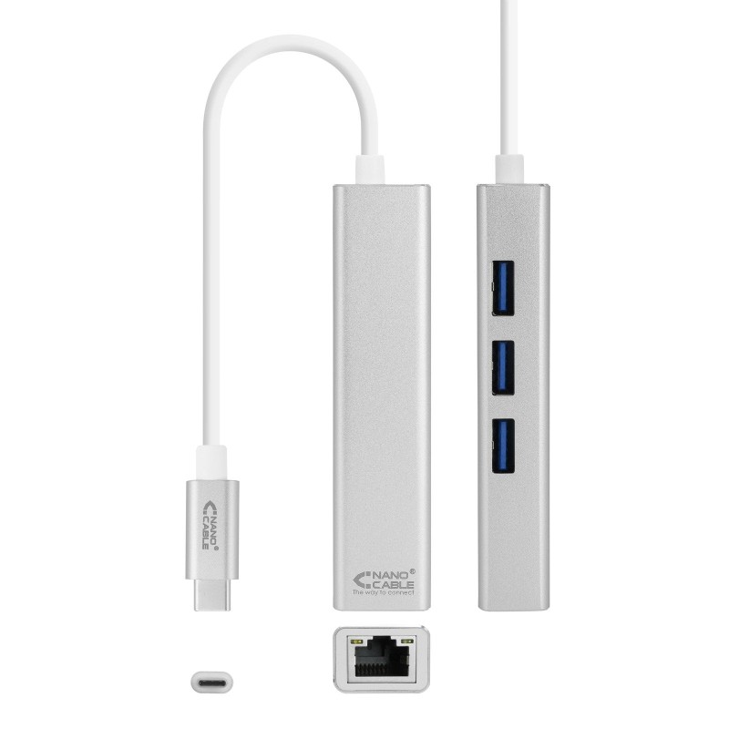 Comprar Nanocable Conversor Usb-C a Ethernet Gigabit + 3xusb 3.0 - Aluminio - 15 Cm - Plata - Ganga Electrónica