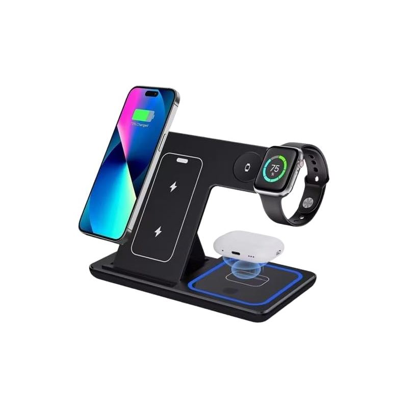 Comprar Cargador Inalambrico 3 en 1 15w Carga Rapida para Dispositivos QI Negro - Ganga Electrónica