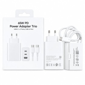 Comprar Cargador Rápido 65w PD 3 Puertos - 2 Usb-C + 1 Usb-A - con Cable Usb-C - Blanco - Ganga Electrónica
