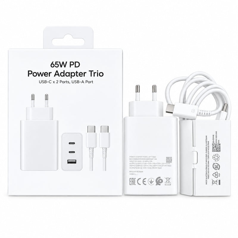 Comprar Cargador Rápido 65w PD 3 Puertos - 2 Usb-C + 1 Usb-A - con Cable Usb-C - Blanco - Ganga Electrónica
