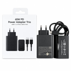 Comprar Cargador Rápido 65w PD 3 Puertos - 2 Usb-C + 1 Usb-A - con Cable Usb-C - Negro - Ganga Electrónica
