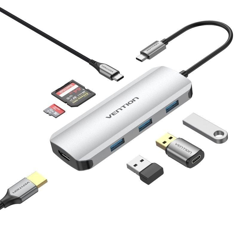 Comprar Docking USB Tipo-C Vention TOJHB/ 1xHDMI 4K/ 3xUSB/ 1xUSB Tipo-C/ 1xLector Tarjetas/ Gris - Ganga Electrónica