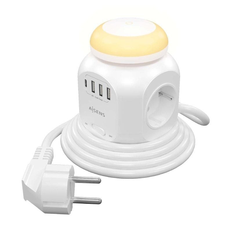 Comprar Regleta con Interruptor y Luz Nocturna Aisens ASPS-3A1CL01-W/ 4 Tomas de Corriente/ 1 USB Tipo-C/ 3 USB/ Cable 1.8m/ Bla