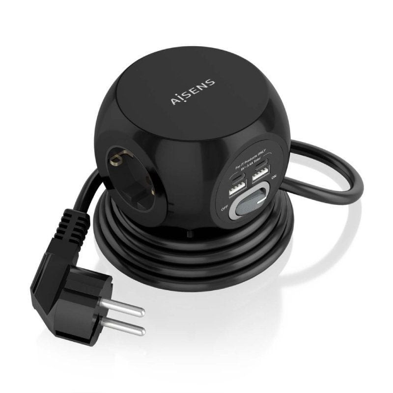 Comprar Regleta con Interruptor Aisens ASPS-2A2C05-BK/ 3 Tomas de Corriente/ 2 USB Tipo-C/ 2 USB/ Cable 1.4m/ Negro - Ganga Elec
