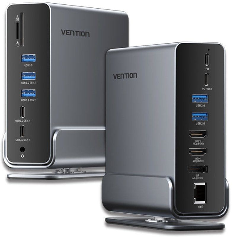 Comprar Docking USB Tipo-C Vention TPUH0/ 2xHDMI 4K/ 1xDisplayPort/ 3xUSB Tipo-C/ 5xUSB/ 1xRJ45/ 1xLector de Tarjetas/ 1xJack 3.